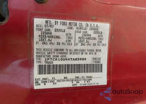 1997 Ford Ranger Splash/Xl/Xlt from USA, damaged, VIN 1FTCR10U4VTA85989